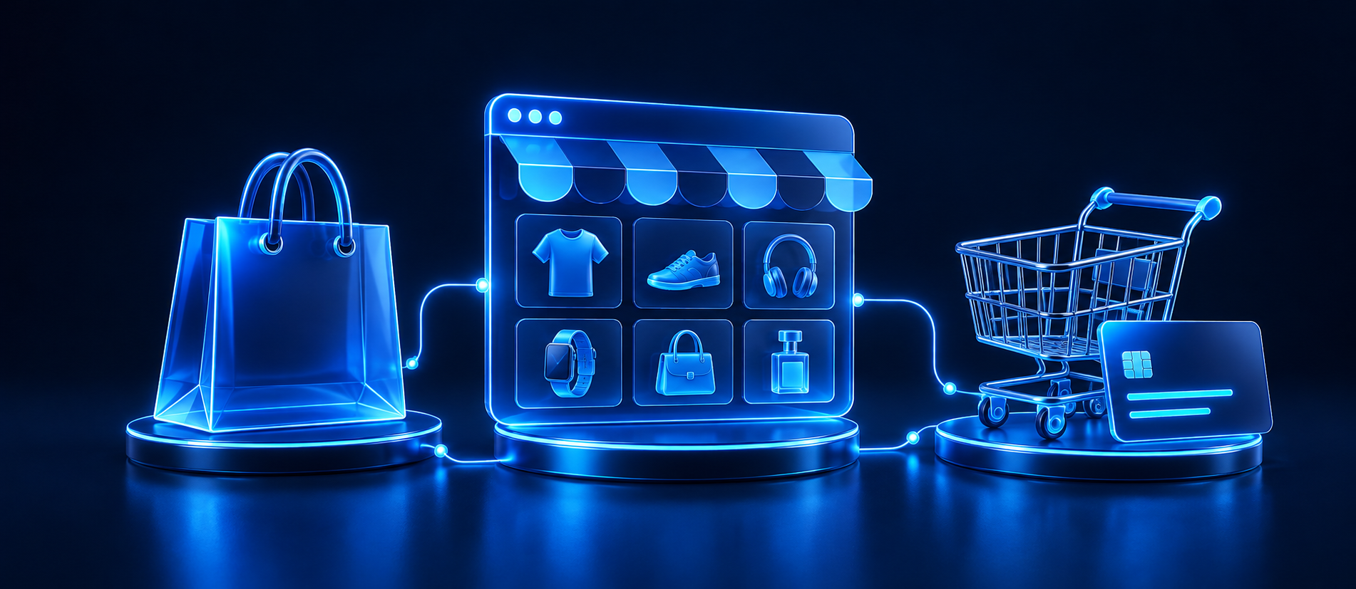 Blue three-dimensional illustration of an online storefront, shopping cart, and checkout.