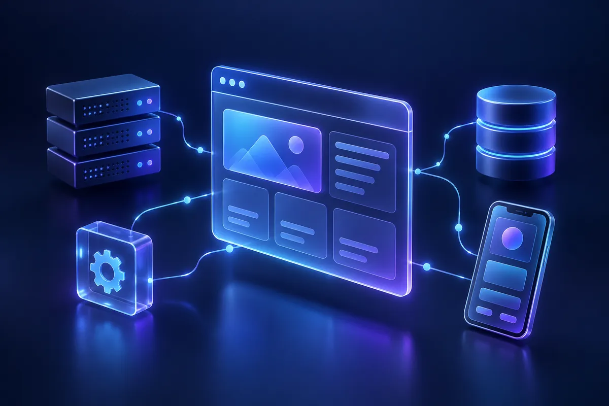 A 3D web application dashboard connected to servers, a database, a configuration module, and a mobile app.